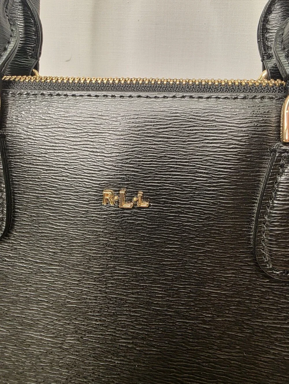 NWT Lauren Ralph Lauren Stefanie II Leather Satchel Bag Black Gold RLL Tote